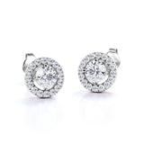 Half Bezel Set 1.10 Carat Round Certified Moissanite and Diamond Under Halo Modern Stud Earrings in White Gold