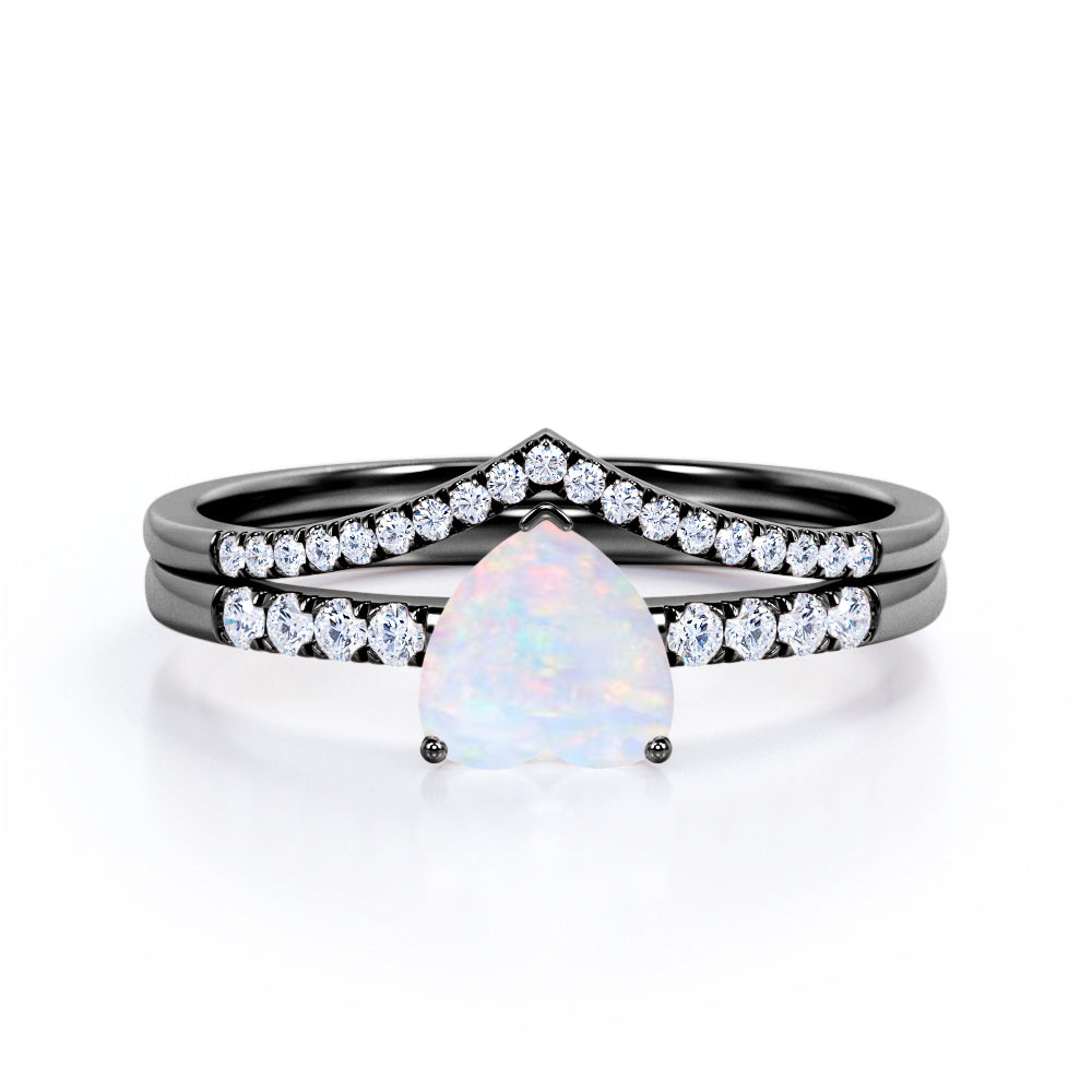 Pave Set 1.35 Carat Heart Shaped Precious Fire Opal And Diamond V Style Wedding Ring Set In White Gold