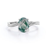 1 ct Oval Cut Green Moss Agate Bypass Milgrain Engagement Ring