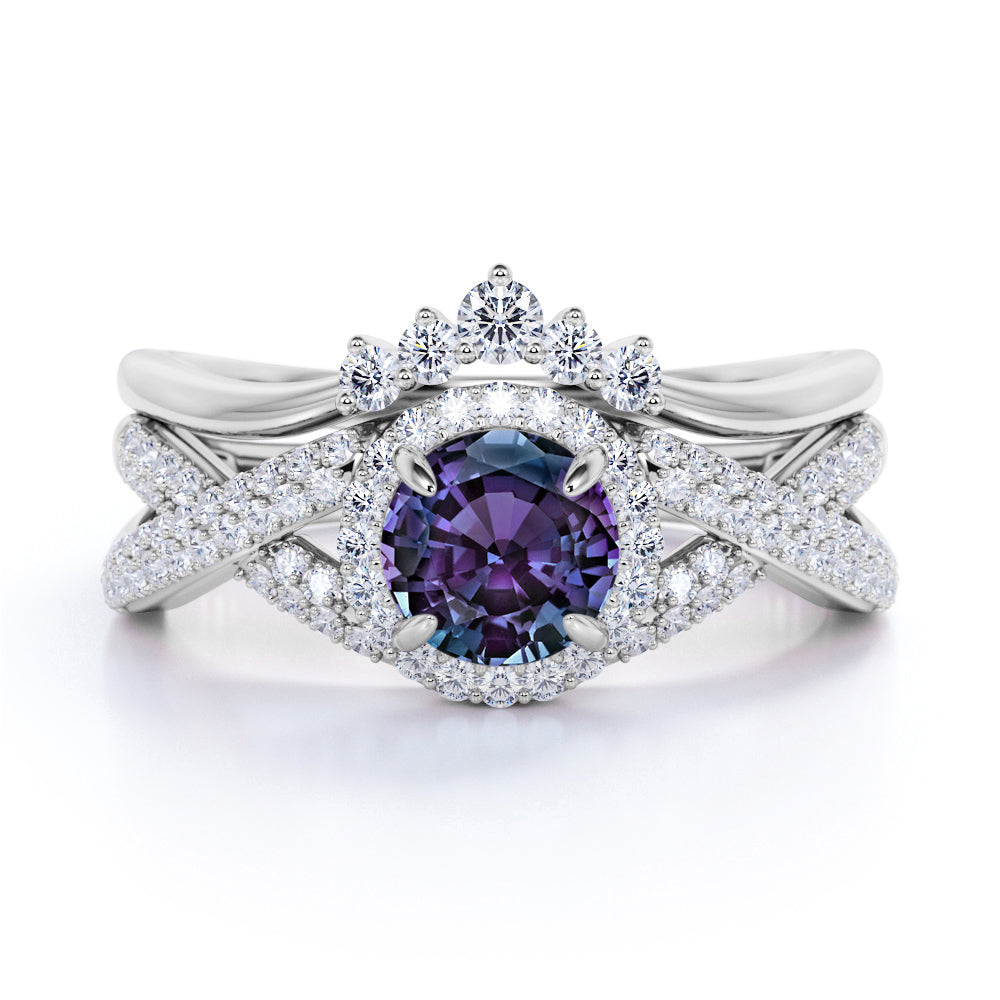 Crown 2 Ct Round Lab Alexandrite Infinity Bridal Set
