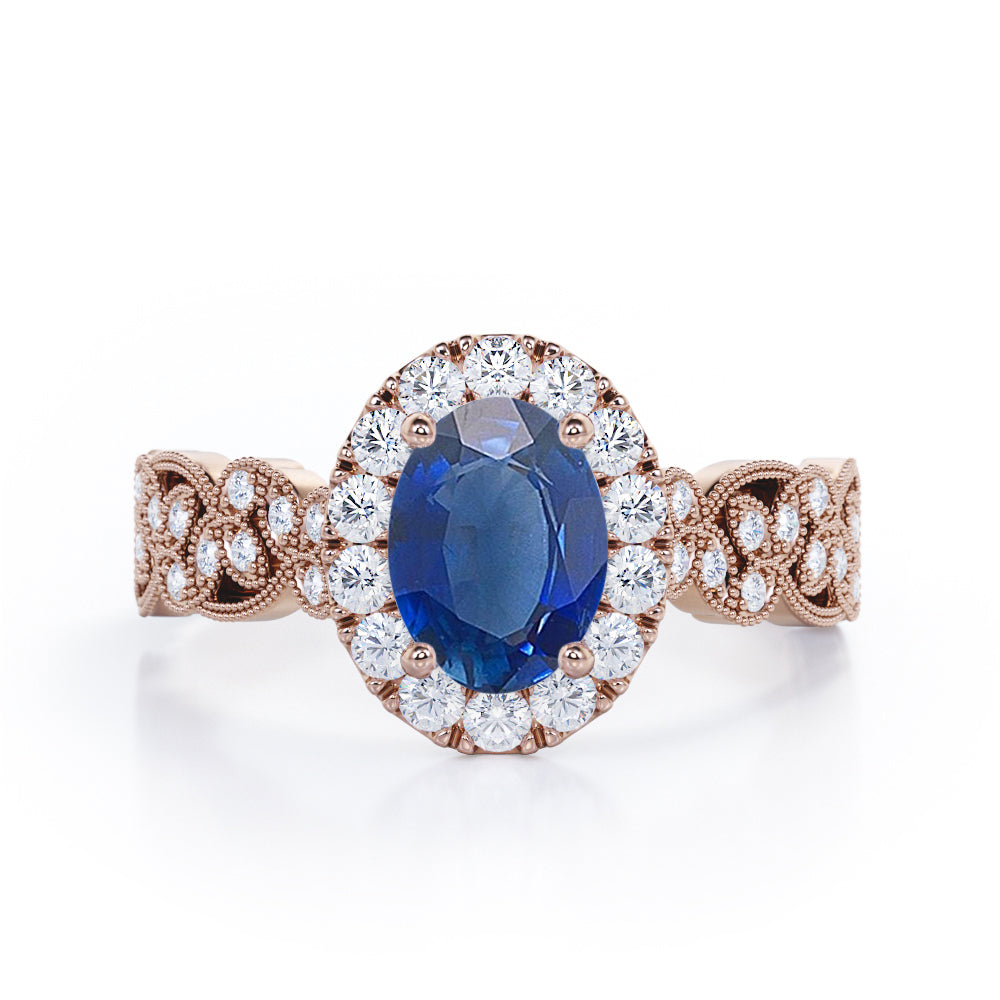 Milgrain Leaf 0.9 carat Oval Blue Sapphire and Diamonds Nature-Inspired Engagement Ring in White Gold
