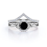 Artdeco 1.50 Carat Round cut Lab Black Diamond Trio Wedding Bridal Ring Set White Gold