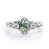 Modern Art Deco 1.10 Carat Round Cut Green Moss Agate And Diamond Cushion Framed Halo Engagement Ring In White Gold