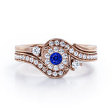 Pave-Prong Design 0.55 TCW Round Shape Blue Sapphire and Moissanite Bridal Ring Set in Rose Gold