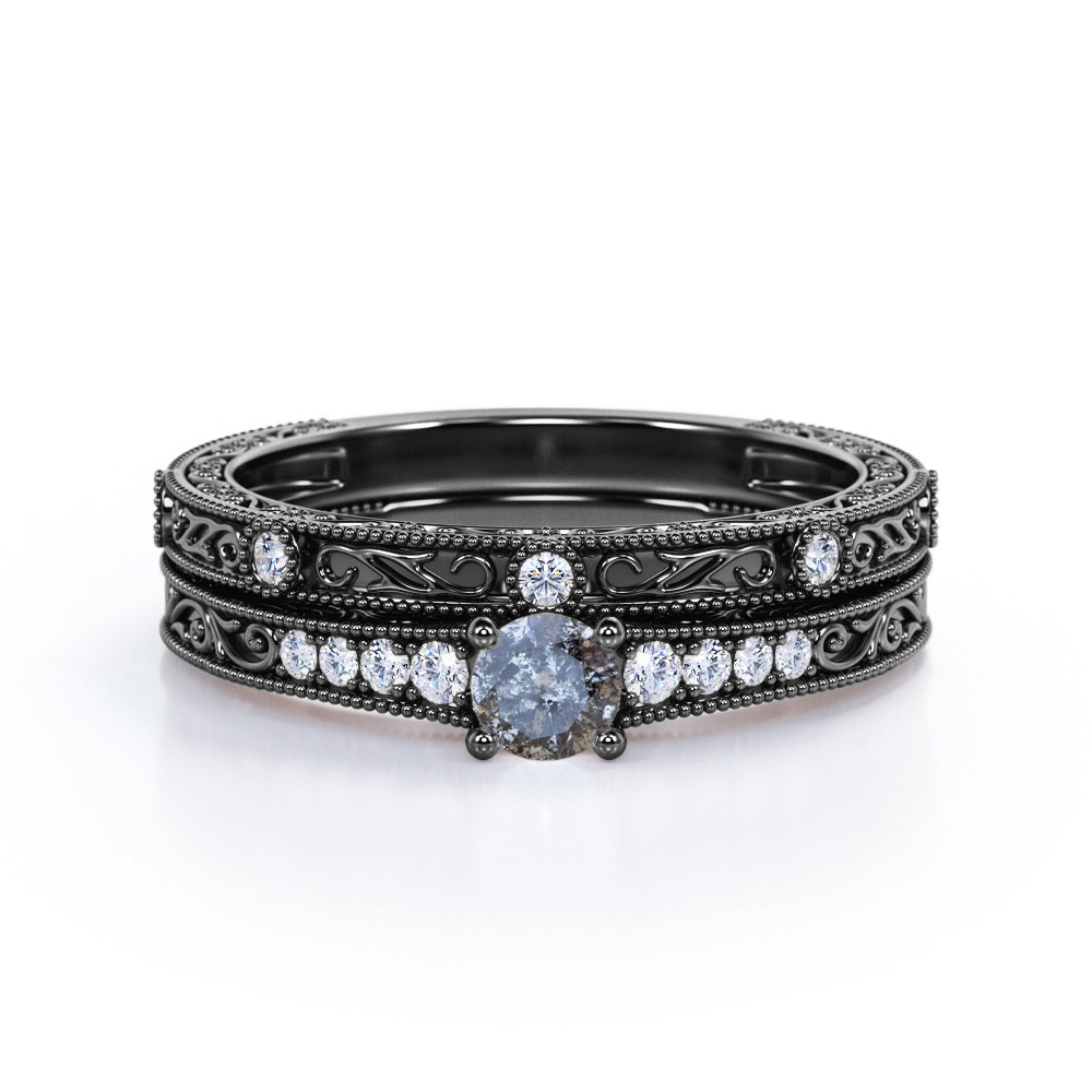 Art Deco 0.55 Ct Round Salt and Pepper Diamond Wedding Ring Set