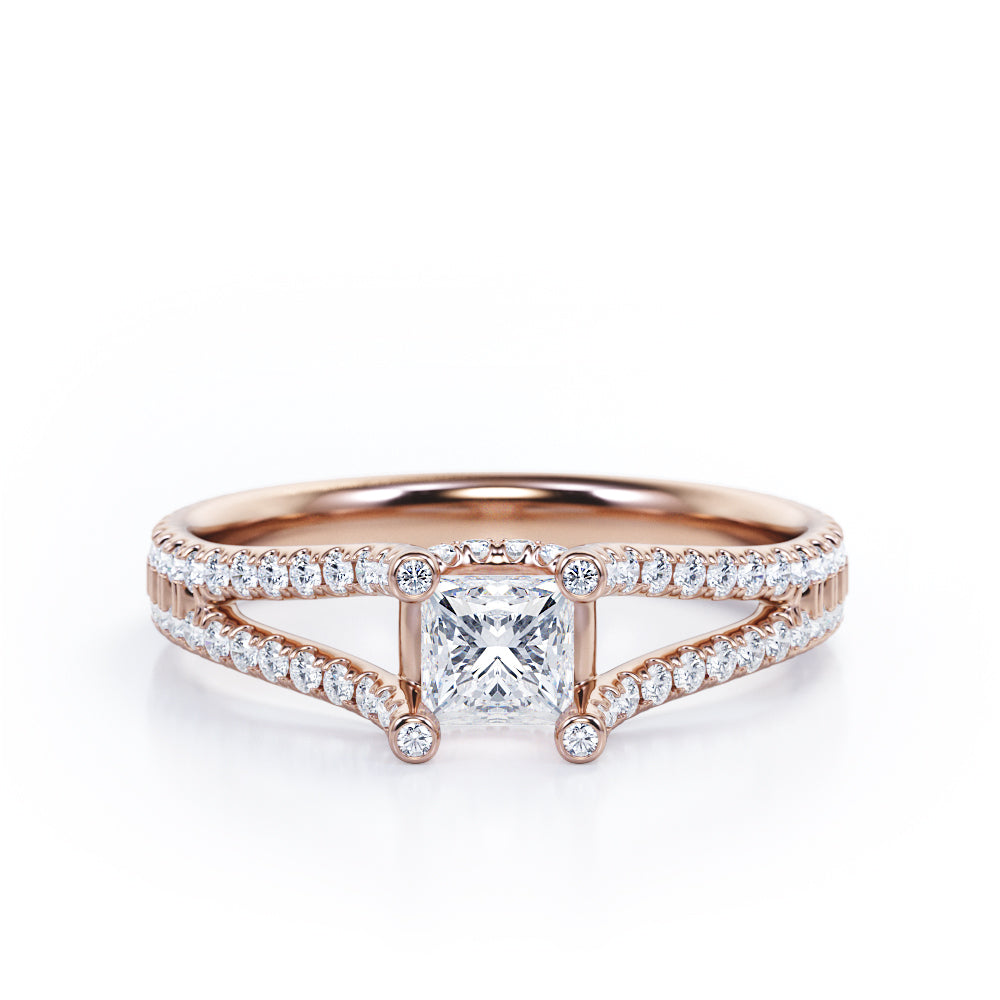 Decorated Prong 0.50 TCW Princess Cut Diamond Split-Shanked Pave Design Engagement Ring in 10K White Gold