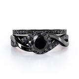 Filigree Tension-Halo 1.5 TCW Round Shape Lab Created Black Diamond Twisted Half Pave Wedding Set in White Gold