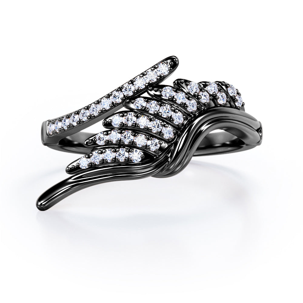 Pave Set Angel's Feather 0.35 Carat Round Cut Moissanite Open Parallel Shank Engagement Ring In Rose Gold