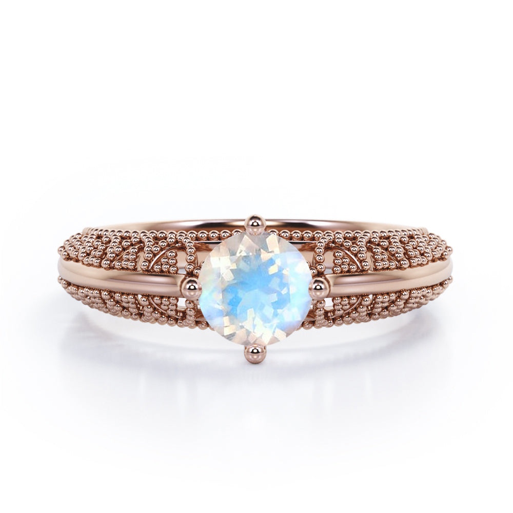Beaded Art Deco 1 Carat Round Cut Moonstone Four Prong Solitaire Engagement Ring In White Gold
