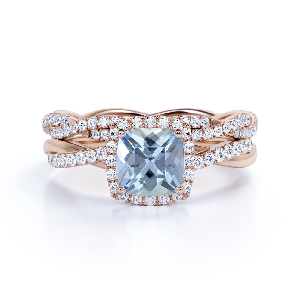 Infinity 1.75 ct Cushion Aquamarine Halo Wedding Ring Set
