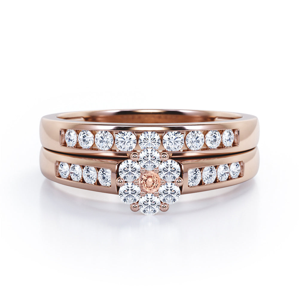 Flower Cluster Design 0.5 TCW Round-Shaped Morganite and Moissanite Flush-Channel Bridal Ring Set in  White Gold