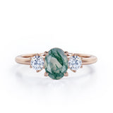 Simple Trio Stone 0.8 carat Oval Moss Green Agate and Diamond Engagement Ring in Rose Gold