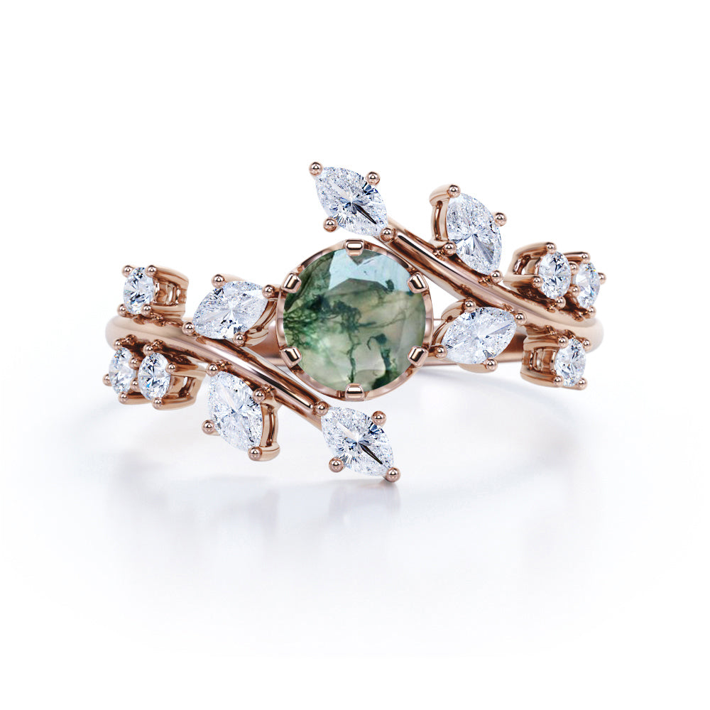 Modern Floral Style 1 Carat Round Cut Natural Translucent Dendritic Moss Green Agate and Diamond Art Deco Engagement Ring