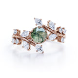Modern Floral Style 1 Carat Round Cut Natural Translucent Dendritic Moss Green Agate and Diamond Art Deco Engagement Ring