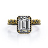 Art Deco Filigree Milgrain 1.65 TCW Emerald Cut Moissanite with Lab Created Black Diamond Halo-Style Wedding Set in Rose Gold