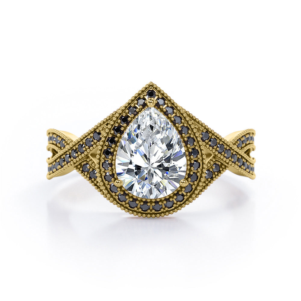 Milgrain Pave Channel - 1.5 TCW Teardrop Moissanite with Lab Created Black Diamond - Halo Design Engagement Ring in White Gold