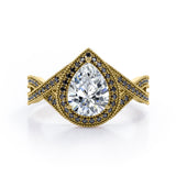 Milgrain Pave Channel - 1.5 TCW Teardrop Moissanite with Lab Created Black Diamond - Halo Design Engagement Ring in White Gold