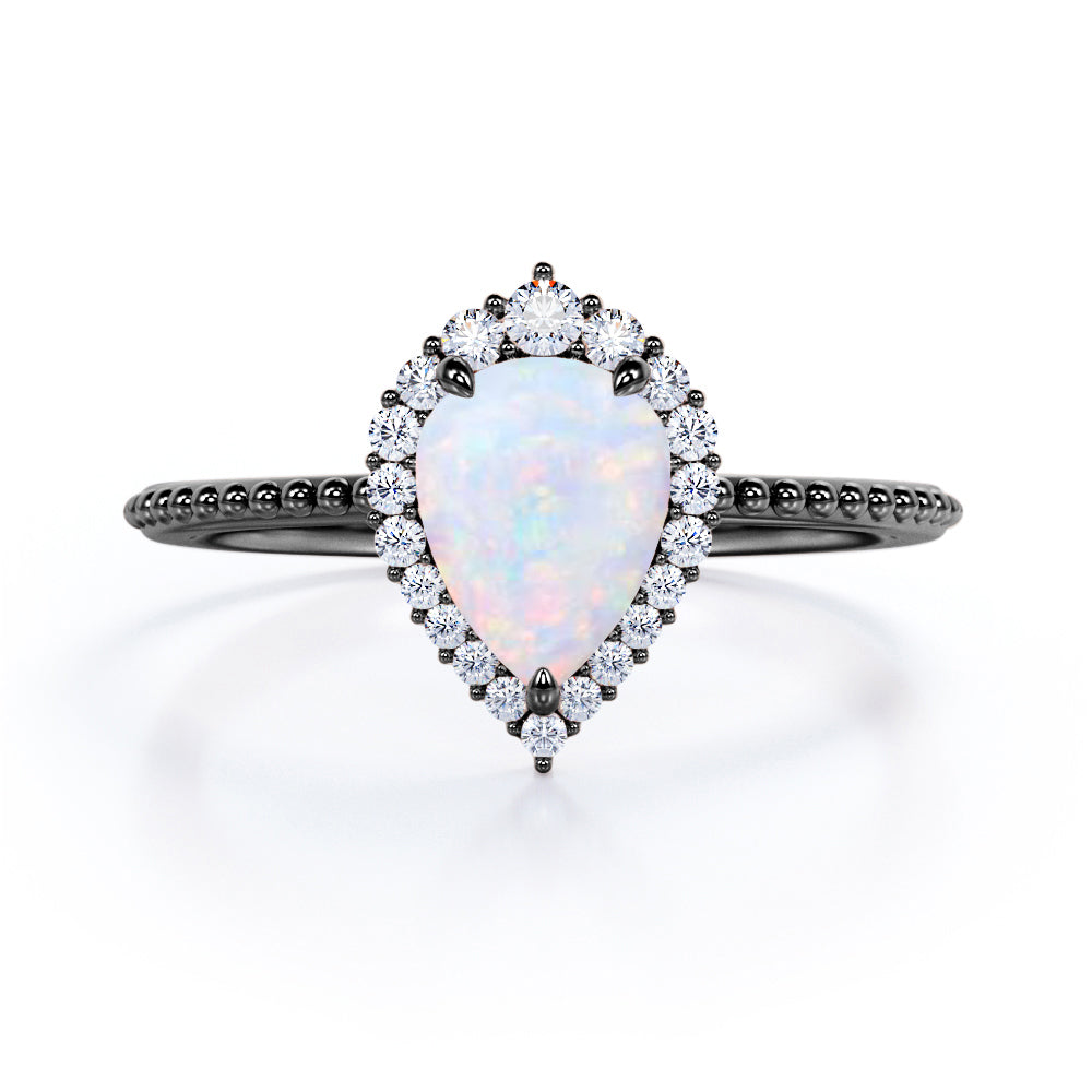 Vintage Inspired 1.35 Carat Tear Drop Fiery White Opal And Diamond Halo Engagement Ring In White Gold