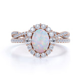 Snowflake 1.75 Carat Oval Shape Fire Opal and Diamond Bridal Ring Set with Crown Band in Rose Gold