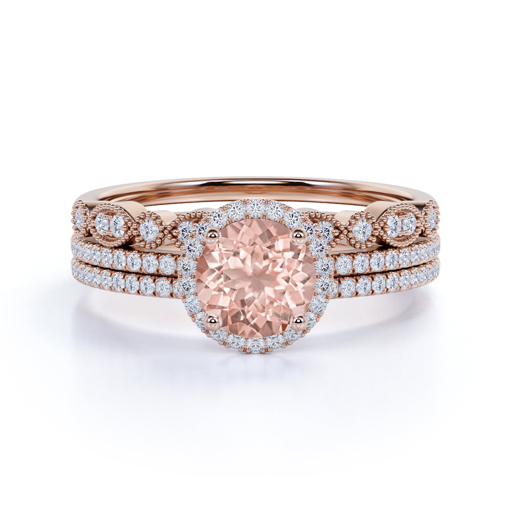 Designer 2 Carat Round Cut Peach Morganite and Diamond Trio Wedding Ring Set in 10k White Gold Celebrity Ring