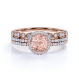 Designer 2 Carat Round Cut Peach Morganite and Diamond Trio Wedding Ring Set in 10k White Gold Celebrity Ring