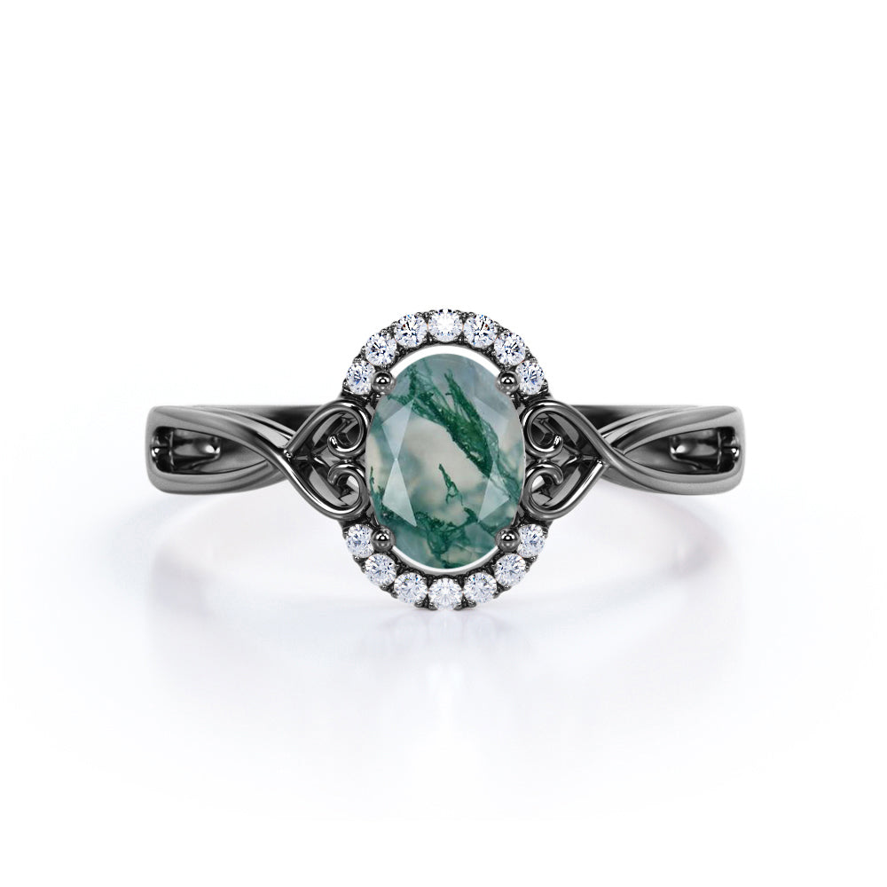 Lovely 0.6 carat Oval Moss Agate and Moissanite Hearted Split Shank Engagement Ring in Rose Gold