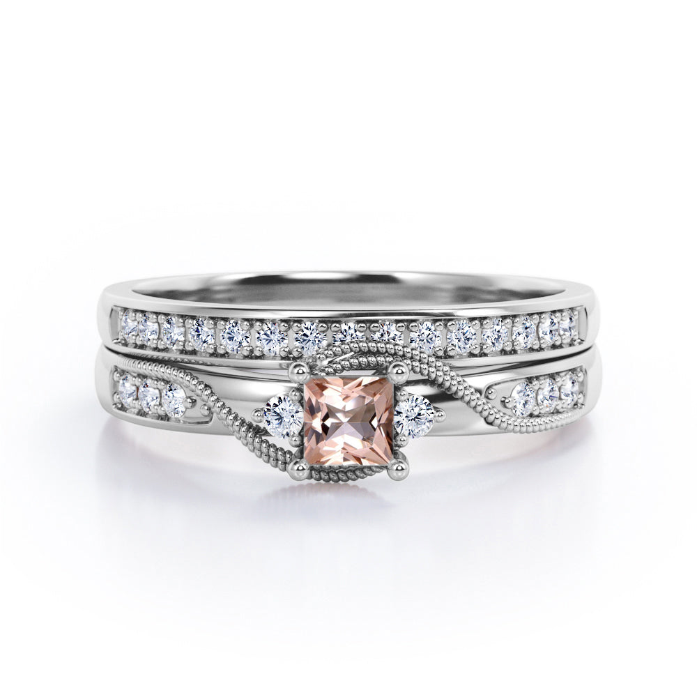 Trilogy Duo Milgrain 0.7 TCW Princess Cut Morganite and Moissanite Vintage Bridal Ring Set in Rose Gold
