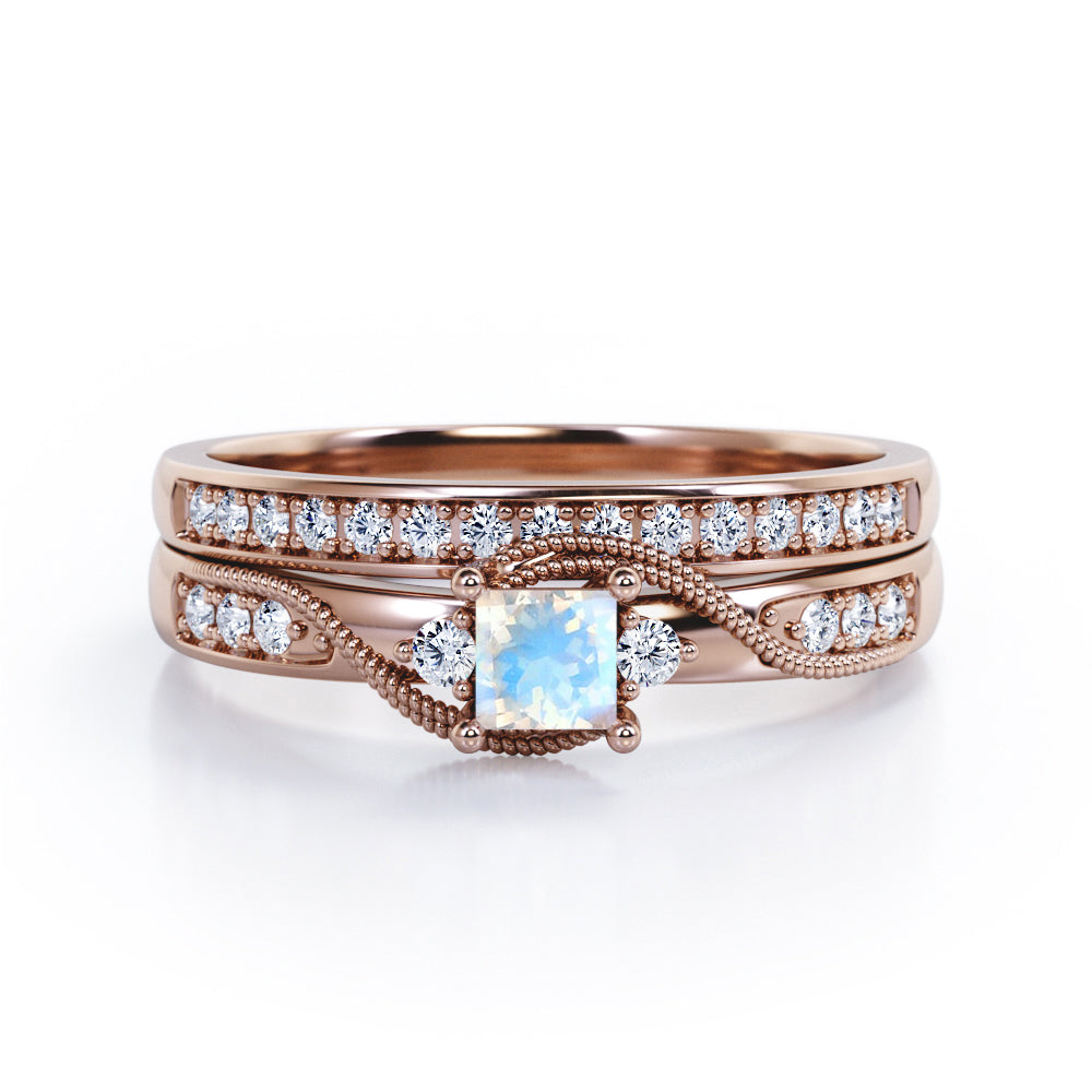 Trilogy Duo Milgrain 0.7 TCW Princess Cut Moonstone and Moissanite Vintage Bridal Ring Set in White Gold