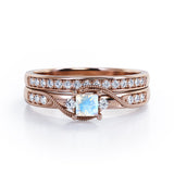 Trilogy Duo Milgrain 0.7 TCW Princess Cut Moonstone and Moissanite Vintage Bridal Ring Set in White Gold