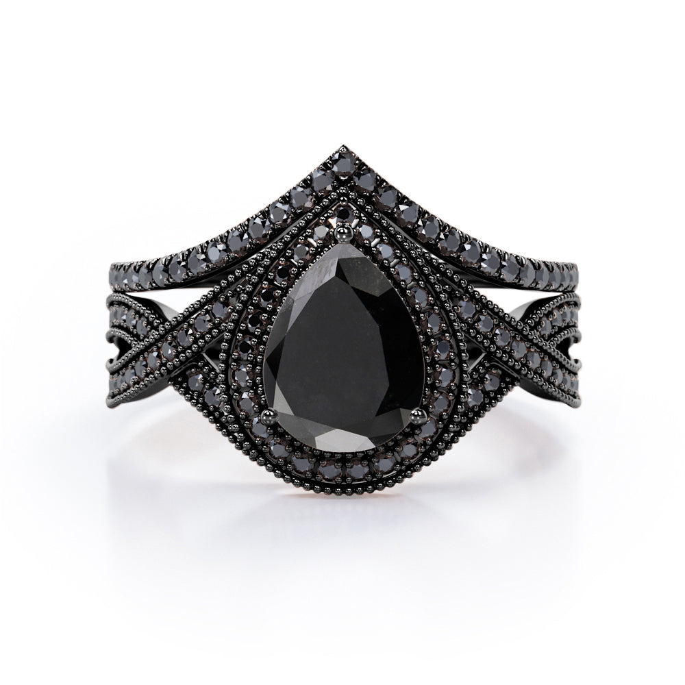 1.75 ct Pear Lab Black Diamond Milgrain Halo Wedding Ring Set