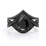 1.75 ct Pear Lab Black Diamond Milgrain Halo Wedding Ring Set