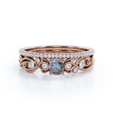 Minimalist Leaf Design 0.75 Carat Round Cut Genuine Black Grey Salt and Pepper Diamond Filigree with Diamond Pave Band Wedding Set Rings