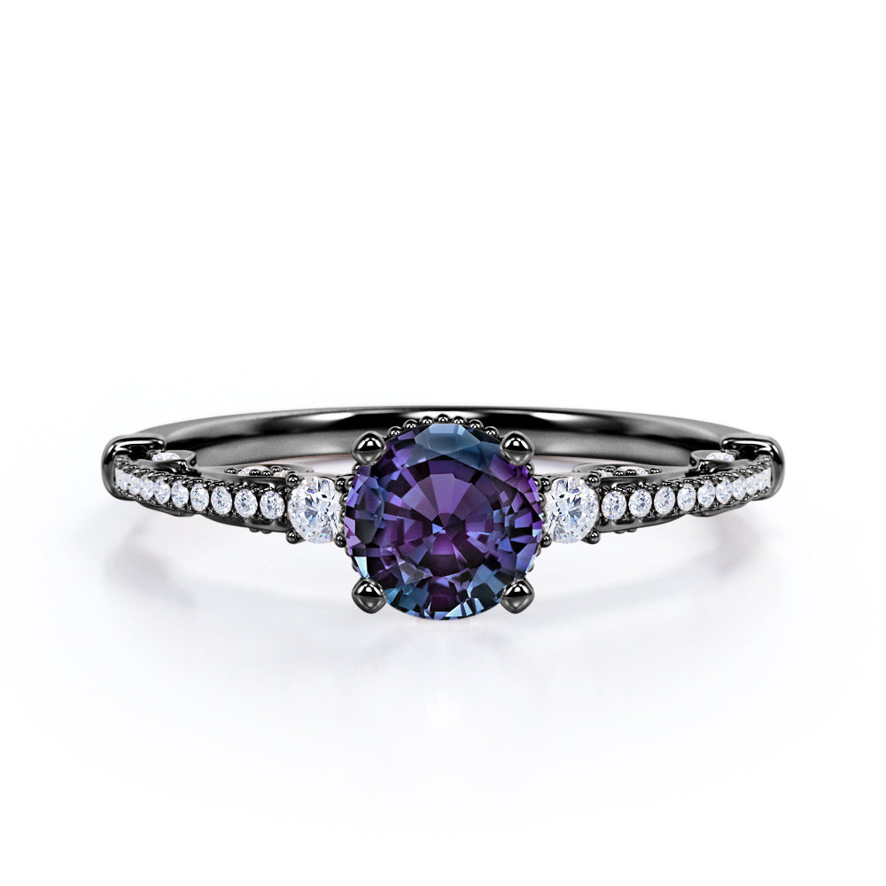 1.35 Carat Round Cut Lab Created Alexandrite And Diamond 3 Stone Engagement Ring In White Gold