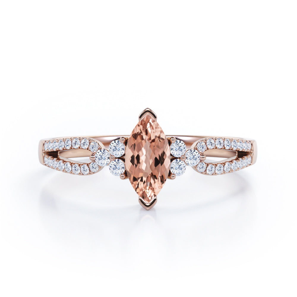 Affordable 1.45 Carat Marquise Cut Morganite And Diamond Double Shank Engagement Ring In White Gold
