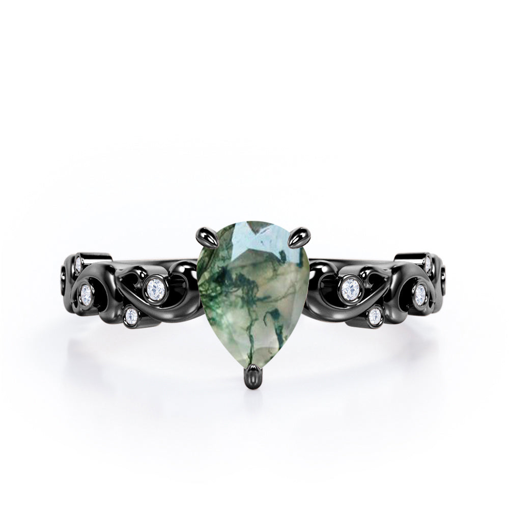 Vintage Style Scroll 0.5 carat Pear Moss Green Agate and Diamond Engagement Ring in Rose Gold