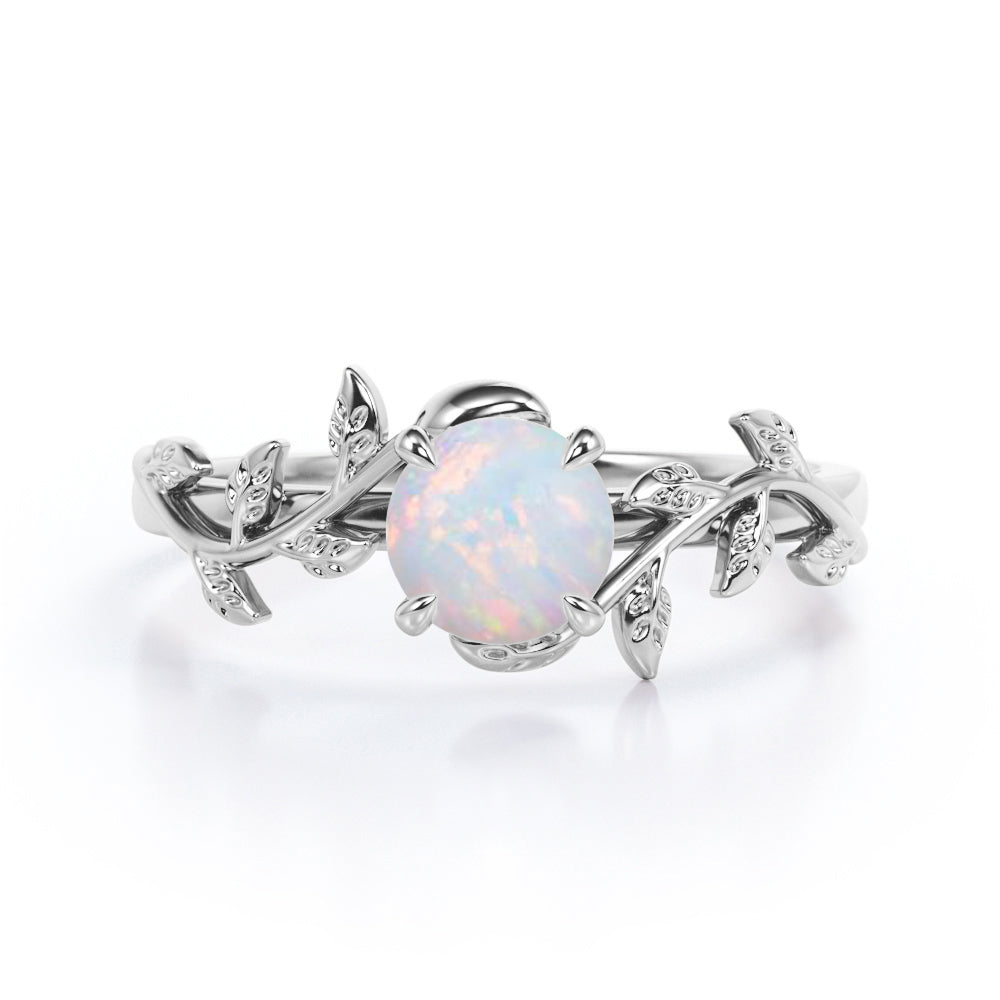Floral Art Deco 1 Carat Round Cut Genuine Opal Nature Inspired Engagement Ring In Rose Gold For Her