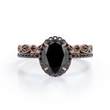 1.65 TCW Oval Cut Lab Created Black Diamond - Milgrain Filigree - Scalloped Pave Bridal Ring Set in White Gold