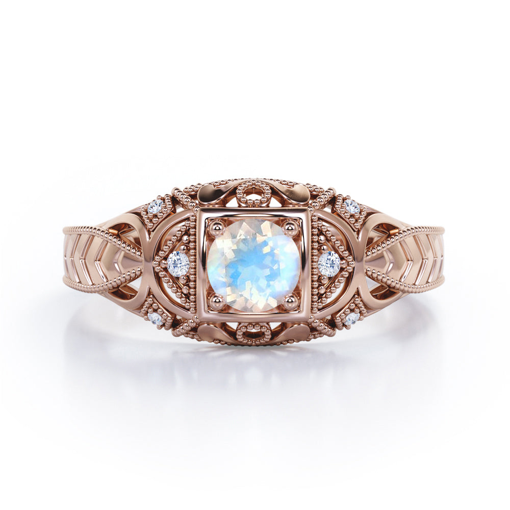 Seven Stone 1.05 Carat Round Cut Moonstone And Diamond Vintage Filigree Engagement Ring In White Gold