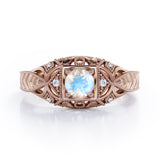 Seven Stone 1.05 Carat Round Cut Moonstone And Diamond Vintage Filigree Engagement Ring In White Gold