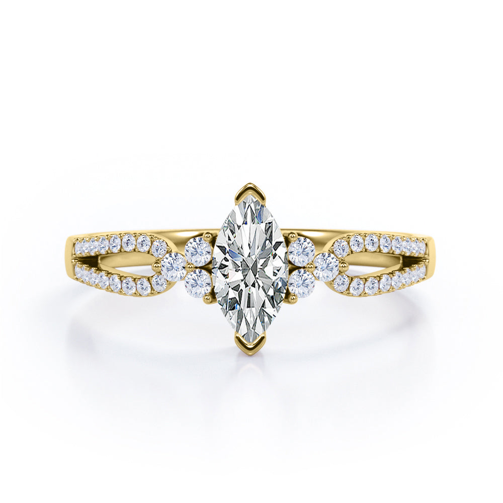 Affordable 1.45 Carat Marquise Cut Moissanite And Diamond Double Shank Engagement Ring In Rose Gold