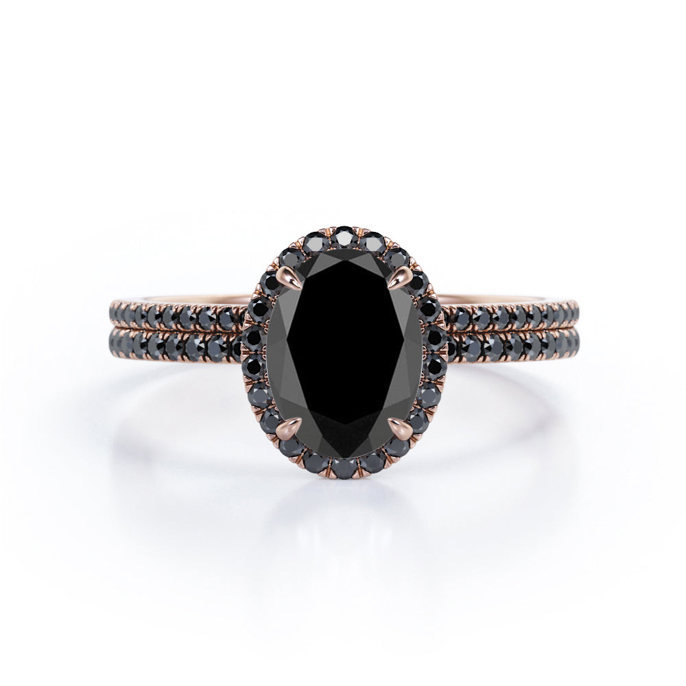 1.7 ct Ovate Lab Black Diamond Halo Wedding Ring Set