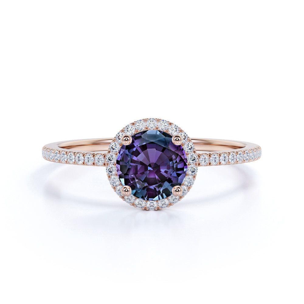 Minimalist Halo 1.50 Carat Round Cut Simulated Alexandrite and Diamond Pave Engagement Ring