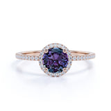 Minimalist Halo 1.50 Carat Round Cut Simulated Alexandrite and Diamond Pave Engagement Ring
