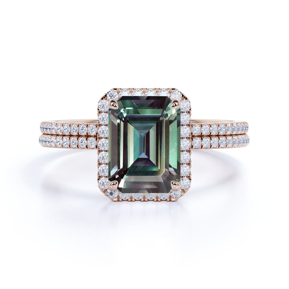 1.75 Ct Emerald Cut Lab Alexandrite Halo Pave Bridal Set