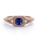 Vintage Milgrain 1.10 Carat Princess Cut Sapphire And Diamond Sharp Eight Claws Art Deco Engagement Ring In Rose Gold