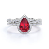 Classic Pave 2.25 Carat Pear Shape Lab Ruby and Diamond Halo Bridal Set with Infinity Band in White Gold