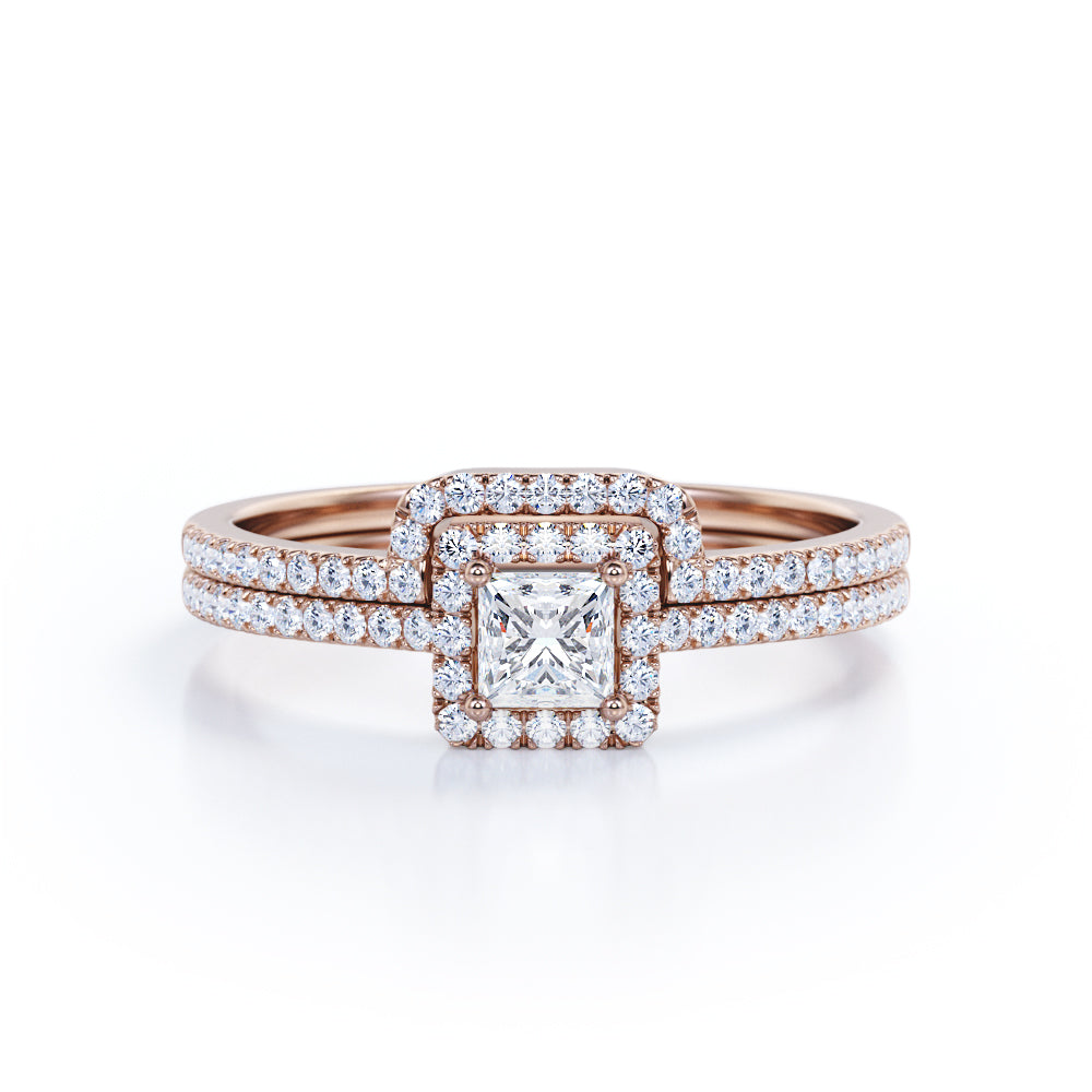 Half Eternity Pave 0.95 Carat TDW Princess Cut Diamond Halo Wedding Ring Set In White Gold.