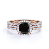 Unique 2 Carat Princess cut Lab Black Diamond Trio Wedding Ring Set in Rose Gold for Her