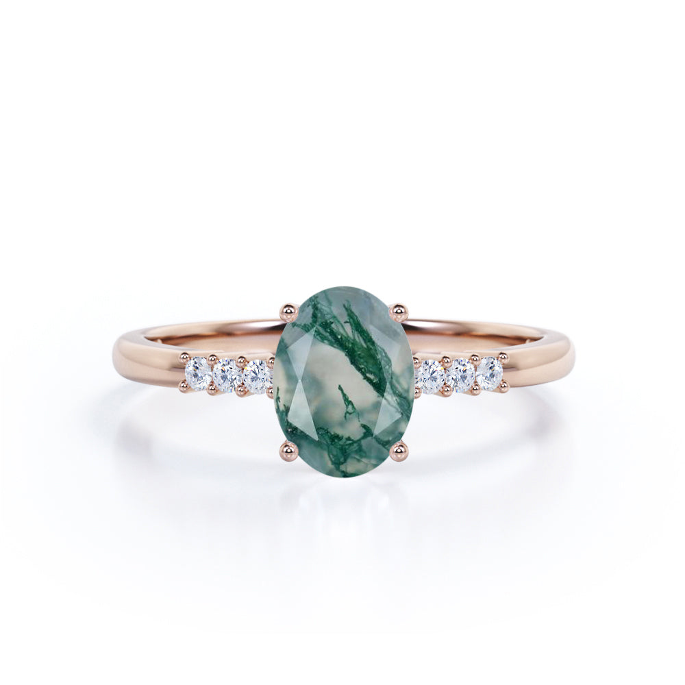 Seven Stone 1.15 Ct Oval Cut Moss Agate Engagement Ring