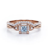 Cushion Halo Prong - 0.85 TCW Princess Cut Aquamarine and Moissanite - Infinity Split Shank Wedding Ring Set -  Rose Gold
